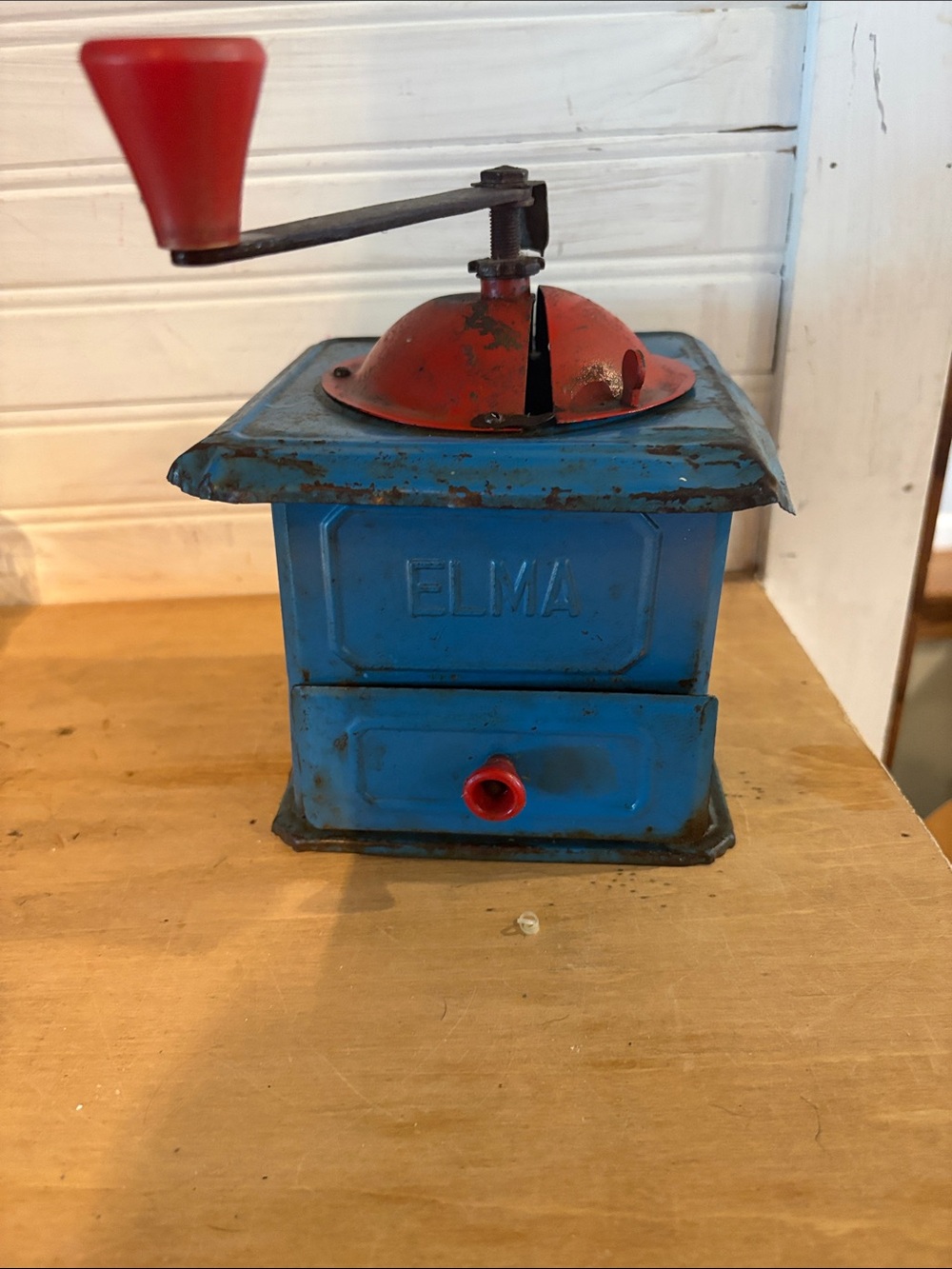 Vintage Blue and Red Manual Coffee Grinder